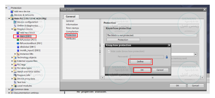 نمایندگی زیمنس - آموزش پی ال سی S7-1500 - تعریف رمز عبور برای بلوک های برنامه نویسی